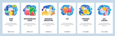 Mobil uygulama ekranlarda. Yaz içecekleri, buzlu çay, meyve suyu, portakal suyu, dondurma. Web sitesi ve mobil geliştirme için menü vektör paneli şablonu. Web sitesi tasarımı düz illüstrasyon