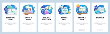 Mobil uygulama ekranlarda. Bir blog yaz ve kişisel site oluştur, güvenli sohbet, online istatistikler. Web sitesi ve mobil geliştirme için menü vektör paneli şablonu. Web sitesi tasarımı düz illüstrasyon