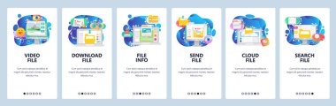 Mobil uygulama ekranlarda. Bilgisayar teknolojisi, dosya indir, e-posta gönder, bulut depolama, arama. Web sitesi ve mobil geliştirme için menü vektör paneli şablonu. Web sitesi tasarımı düz illüstrasyon