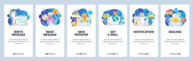 Mobil uygulama ekranlarda. Mesaj gönder, sohbet robotu, yeni e-posta bildirimi, online cobtact. Web sitesi ve mobil geliştirme için menü vektör paneli şablonu. Web sitesi tasarımı düz illüstrasyon