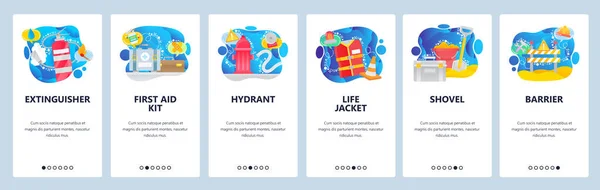 Mobile app onboarding screens. Fire fighting kit, alarm warning sign, water hydrant. Menu vector banner template for website and mobile development. Web site design flat illustration — Stock Vector