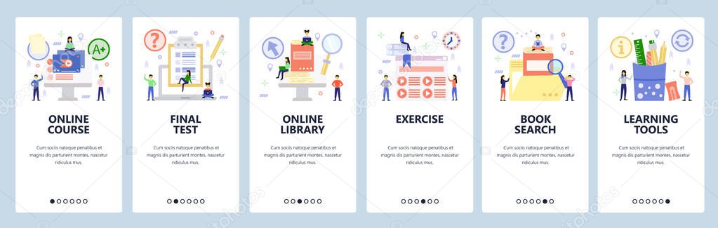 Mobile app onboarding screens. Online education, video lecture and course tutorial, digital library. Menu vector banner template for website and mobile development. Web site design flat illustration