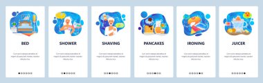 Mobil uygulama ekranlarda. Yatak odasının içi, sabah rutini, duş, tıraş, kahvaltı. Web sitesi ve mobil geliştirme için menü vektör paneli şablonu. Web sitesi tasarımı düz illüstrasyon