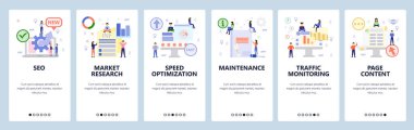 Mobil uygulama ekranlarda. Dijital ve seo pazarlama, hızlı optimizasyon, trafik izleme. Web sitesi ve mobil geliştirme için menü vektör paneli şablonu. Web sitesi tasarımı düz illüstrasyon