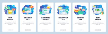Mobil uygulama ekranlarda. Bilgisayar güvenlik teknolojisi, şifrelenmiş dosyalar ve veriler, arama dosyaları, bozuk. Web sitesi ve mobil geliştirme için vektör paneli şablonu. Web sitesi tasarımı illüstrasyonu