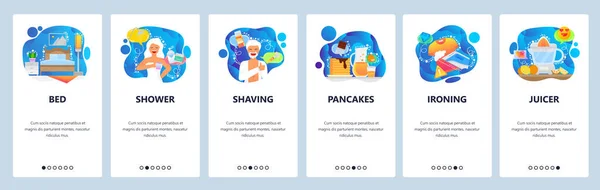 Mobile app onboarding screens. Bedroom interior, morning routine, shower, shaving, breakfast. Menu vector banner template for website and mobile development. Web site design flat illustration — Stock Vector