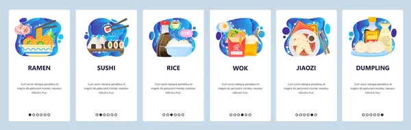 Mobile app onboarding screens. Traditional asian cuisine, restaurant menu meals, ramen, sushi, rice, wok. Vector banner template for website and mobile development. Web site design flat illustration — Stock Vector