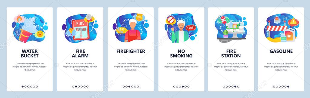 Mobile app onboarding screens. Fire fighting station, man firefighter, alarm signal, no smoking sign, flammable stuff. Vector banner template for website and mobile development. Web site illustration