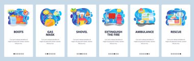Mobil uygulama ekranlarda. Yangın söndürme borusu ve yangın musluğu koruyucu giysi, ambulans ve kurtarma sinyali. Web sitesi ve mobil geliştirme için vektör paneli şablonu. Web sitesi tasarımı illüstrasyonu
