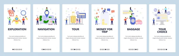 Application mobile sur écrans d'embarquement. Icônes de vacances et de voyage en avion, réserver un voyage organisé, carte, bagages. Modèle de bannière vectorielle de menu pour le développement de site Web et mobile. Conception de site Web illustration plate — Image vectorielle