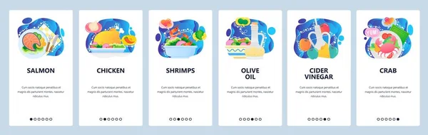 Mobile app onboarding screens. Seafood restaurant menu, lunch meal, salmon, crab, shrimps. Vector banner template for website and mobile development. Web site design flat illustration. — Stock Vector