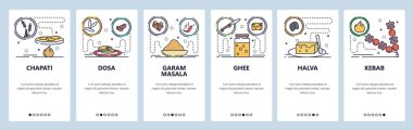 Mobil uygulama ekranlarda. Hint mutfağı, chapati, yemek, masala, ghee, kebap. Web sitesi ve mobil geliştirme için menü vektör paneli şablonu. Web sitesi tasarımı düz illüstrasyon