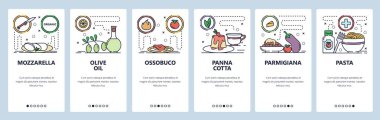 Mobil uygulama ekranlarda. İtalyan mutfağı, yemek, zeytinyağı, mozzarella peyniri, panna cotta, makarna. Web sitesi ve mobil geliştirme için menü vektör paneli şablonu. Web sitesi tasarımı illüstrasyonu