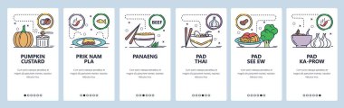 Mobil uygulama ekranlarda. Tayland baharatlı mutfağı, yemek menüsü, pad thai, panaeng, sos, pilav. Web sitesi ve mobil geliştirme için vektör paneli şablonu. Web sitesi tasarımı düz illüstrasyon