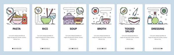 Pantallas de incorporación de aplicaciones móviles. Menú de comida en cafetería o restaurante, pasta, arroz, sopa, aderezo. Plantilla de banner vectorial para desarrollo web y móvil. Diseño del sitio web ilustración plana — Archivo Imágenes Vectoriales