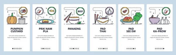 Application mobile sur écrans d'embarquement. Cuisine thaïlandaise épicée, menu alimentaire, pad thai, panaeng, sauce, riz. Modèle de bannière vectorielle pour le développement de site Web et mobile. Conception de site Web illustration plate — Image vectorielle