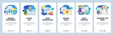 Mobil uygulama ekranlarda. Veri bilimi teknolojisi, bulut depolama, güncelleme, arama. Web sitesi ve mobil geliştirme için menü vektör paneli şablonu. Web sitesi tasarımı düz illüstrasyon