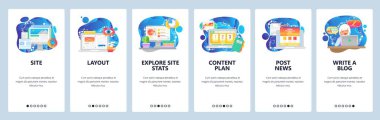Mobil uygulama ekranlarda. Dijital pazarlama ve içerik planı, iş geliştirme, site kablosu. Web sitesi ve mobil geliştirme için menü vektör paneli şablonu. Web tasarımı düz illüstrasyon
