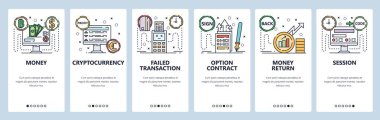 Mobil uygulama ekranlarda. Banka işlemi, dijital para, çevrimiçi bankacılık, kripto para birimi, kâr. Web sitesi ve mobil geliştirme için vektör paneli şablonu. Web sitesi tasarımı düz illüstrasyon