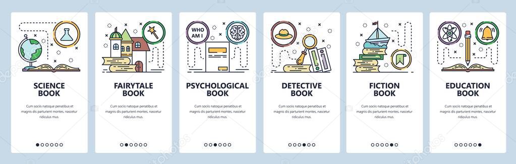 Mobile app onboarding screens. Science book, fairytale, detective, fiction and non-fiction books, education. Vector banner template for website and mobile development. Web site design illustration