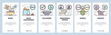Mobil uygulama ekranlarda. Mutfak aksesuarları falan. Web sitesi ve mobil geliştirme için menü vektör paneli şablonu. Web sitesi tasarımı düz illüstrasyon
