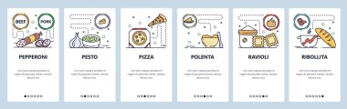 Mobil uygulama ekranlarda. İtalyan yemeği, salam, pesto sosu, pizza ve ravioli. Web sitesi ve mobil geliştirme için menü vektör paneli şablonu. Web sitesi tasarımı düz illüstrasyon