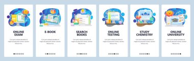 Mobil uygulama ekranlarda. Çevrimiçi eğitim, dijital kütüphane, arama kitapları, bilim, kimya. Web sitesi ve mobil geliştirme için vektör paneli şablonu. Web sitesi tasarımı düz illüstrasyon