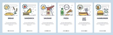 Mobil uygulama ekranlarda. Fast food restoranı menüsü, sandviç, pizza, sosisli sandviç, hamburger. Web sitesi ve mobil geliştirme için vektör paneli şablonu. Web sitesi tasarımı düz illüstrasyon