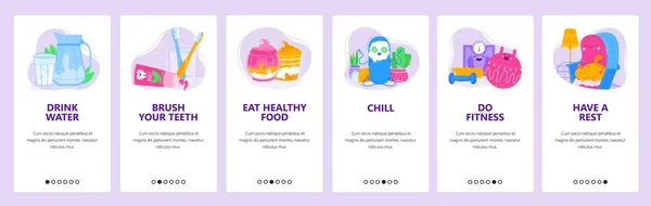 Healthy lifestyle concept. Take a rest, fresh food, sport and fitness training, body care. Mobile app screens. Vector banner template for website and mobile development. Web site design illustration — Stock Vector