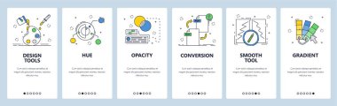 Tasarım ve fotoğraf düzenleme araçları. Renk paleti, renk kontrolü, opaklık, renk değişimi. Mobil uygulama ekranları. Web sitesi ve mobil geliştirme için vektör paneli şablonu. Web sitesi tasarımı illüstrasyonu