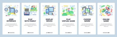 Çevrimiçi video oyunları simgesi seti. Ailenle oyna, sanal gerçeklik oyunu, türü. Mobil uygulama ekranları. Web sitesi ve mobil geliştirme için vektör paneli şablonu. Web sitesi tasarımı illüstrasyonu