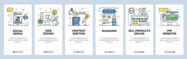 Make money online business. Social media advertisement, content writing, ecommerce. Mobile app screens. Vector banner template for website and mobile development. Web site design illustration