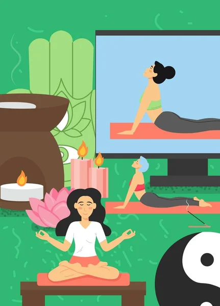 Online yoga lessen voor vrouwen, vector platte illustratie — Stockvector