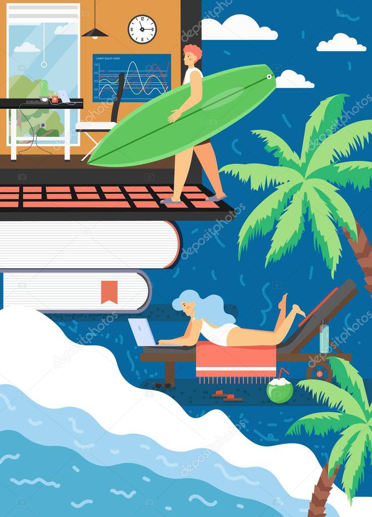 Freelance and summer beach activities, vector flat illustration