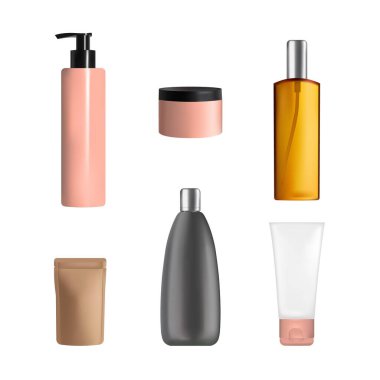 Vücut bakımı kozmetik ambalajlama seti, vektör izole resimleme