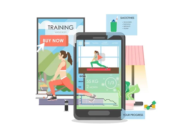 Fitness et perte de poids application mobile, vecteur plat illustration — Image vectorielle