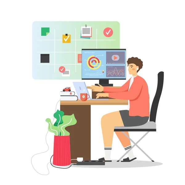 Freelancer trabajando desde casa, vector ilustración plana — Archivo Imágenes Vectoriales