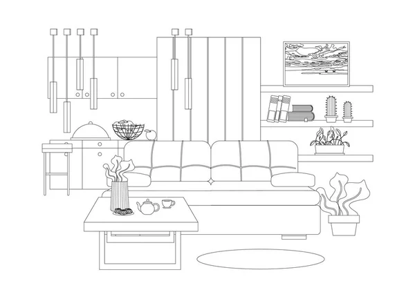 Studio apartament wektor wewnętrzny ilustracja w stylu sztuki linii — Wektor stockowy