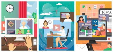 Çevrimiçi video konferans teknolojisi, vektör düz illüstrasyon