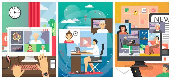 Çevrimiçi video konferans teknolojisi, vektör düz illüstrasyon