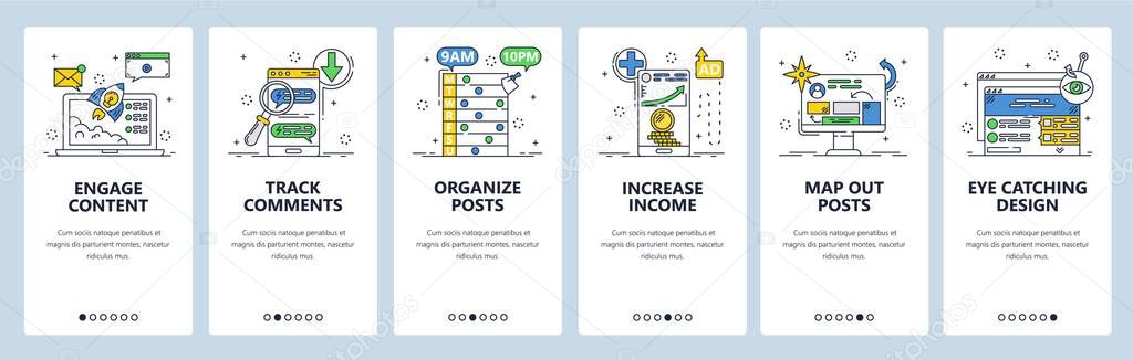 Content engagement. Mobile app onboarding screens, vector website banner template