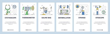 Tıbbi ekipmanlar devrede. Mobil uygulama ekranlarda, vektör web sitesi pankart şablonu