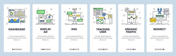 User activity tracking mobile app onboarding screens, vector website banner template
