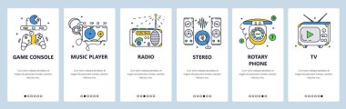 Retro elektronik cihazlar, ses ekipmanları. Mobil uygulama ekranlarda, vektör web sitesi pankart şablonu