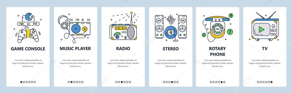 Retro electronic devices, audio equipment. Mobile app onboarding screens, vector website banner template