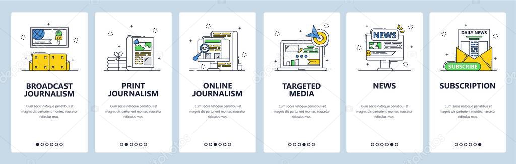 Broadcast, print, online journalism types. Mobile app onboarding screens, vector website banner template