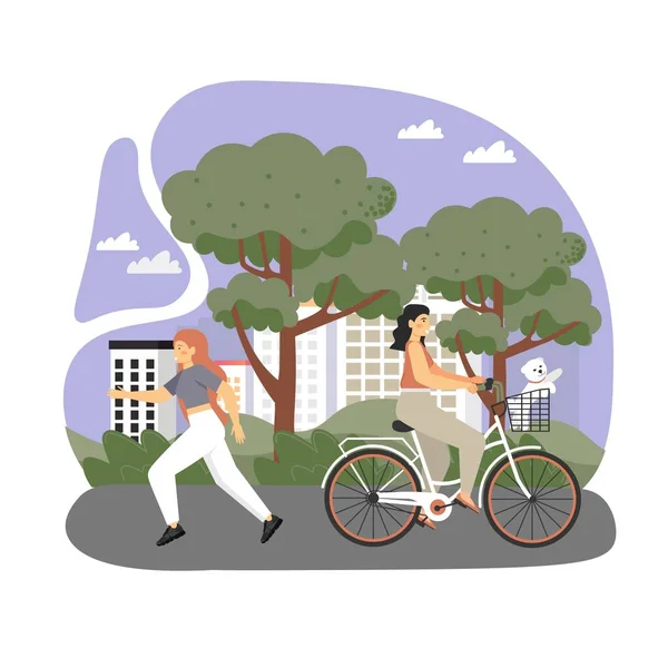 Personajes femeninos felices montando bicicleta y corriendo en el parque de la ciudad, ilustración plana vector — Vector de stock