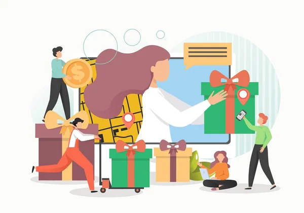 People giving gifts for customers online shoppers, vector flat illustration — Stock Vector