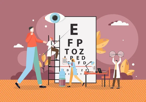 Lékař oční lékař testuje zrak pacienta ukazující na symboly oční mapy, vektorové ploché ilustrace — Stockový vektor