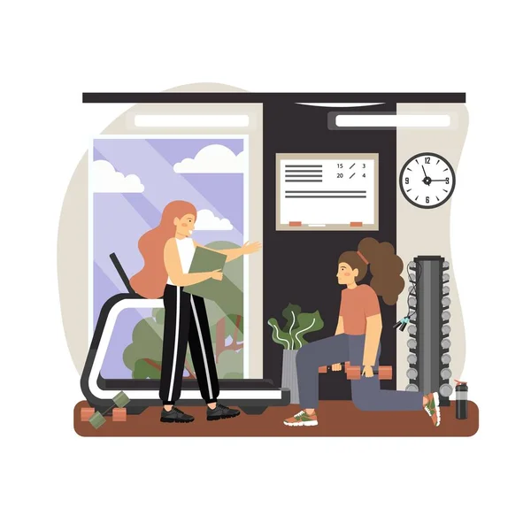 Fitness lány edzés súlyzókkal személyi edző nő, vektor lapos illusztráció — Stock Vector